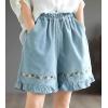 imagechouyatou Womens Ruffle Hem Denim Shorts Flower Embroidery Elastic Waist Wide Leg Jean Shorts with PocketsLight Blue