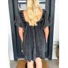 imagechouyatou Womens Summer Denim Babydoll Mini Dress Y2k Puff Sleeve Swing Jean Short Dress with PocketsBlack