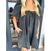 imagechouyatou Womens Summer Denim Babydoll Mini Dress Y2k Puff Sleeve Swing Jean Short Dress with PocketsBlack