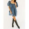 imagechouyatou Womens Summer Denim Babydoll Mini Dress Y2k Puff Sleeve Swing Jean Short Dress with PocketsBlue