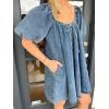 imagechouyatou Womens Summer Denim Babydoll Mini Dress Y2k Puff Sleeve Swing Jean Short Dress with PocketsBlue