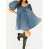 imagechouyatou Womens Summer Denim Babydoll Mini Dress Y2k Puff Sleeve Swing Jean Short Dress with PocketsBlue