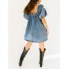 imagechouyatou Womens Summer Denim Babydoll Mini Dress Y2k Puff Sleeve Swing Jean Short Dress with PocketsBlue