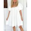 imagechouyatou Womens Summer Denim Babydoll Mini Dress Y2k Puff Sleeve Swing Jean Short Dress with PocketsWhite