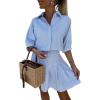 imagechouyatou Womens 2 Piece Outfits Striped Lapel Button Down Shirt Pleated Mini Skirt Matching Set Travel OutfitBlue