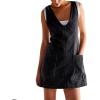 imagechouyatou Womens Backless Denim Tank Dress V Neck Overall Dress Mini Short Jumper Jean Dress with PocketsBlack