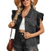 imagechouyatou Womens Button Down Ruffle Sleeveless Denim Jacket Leopard Print Distressed Jean Short Vest JacketBlack Gray