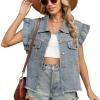 imagechouyatou Womens Button Down Ruffle Sleeveless Denim Jacket Leopard Print Distressed Jean Short Vest JacketBlue