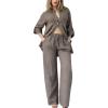 imagechouyatou Womens Cotton Linen 2 Piece Outfits Rolled Up Sleeve Button Down Shirt and Wide leg Pants SetCoffee