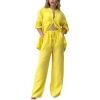 imagechouyatou Womens Cotton Linen 2 Piece Outfits Rolled Up Sleeve Button Down Shirt and Wide leg Pants SetYellow
