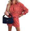 imagechouyatou Womens Lace Eyelet 2 Piece Outfit Crochet Button Down Shirt Top Wide Leg Shorts Matching SetRed