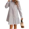 imagechouyatou Womens Long Sleeve Lapel Striped Polo Shirt Dress Pleated Long Midi Short Cotton Skater DressBlack