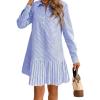 imagechouyatou Womens Long Sleeve Lapel Striped Polo Shirt Dress Pleated Long Midi Short Cotton Skater DressLight Blue