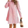 imagechouyatou Womens Long Sleeve Lapel Striped Polo Shirt Dress Pleated Long Midi Short Cotton Skater DressRed
