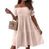 imagechouyatou Womens Off The Shoulder Smocked Mini Dress Puff Sleeve Ruffle Tiered Party Short DressBeige
