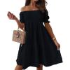 imagechouyatou Womens Off The Shoulder Smocked Mini Dress Puff Sleeve Ruffle Tiered Party Short DressBlack