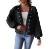 imagechouyatou Womens Open Front Peal Trim Beading Cardigans Elegant Long Sleeve Oversized Short Cardigan SweaterBlack