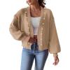 imagechouyatou Womens Open Front Peal Trim Beading Cardigans Elegant Long Sleeve Oversized Short Cardigan SweaterKhaki