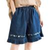 imagechouyatou Womens Ruffle Hem Denim Shorts Flower Embroidery Elastic Waist Wide Leg Jean Shorts with PocketsDark Blue