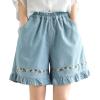imagechouyatou Womens Ruffle Hem Denim Shorts Flower Embroidery Elastic Waist Wide Leg Jean Shorts with PocketsLight Blue