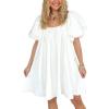 imagechouyatou Womens Summer Denim Babydoll Mini Dress Y2k Puff Sleeve Swing Jean Short Dress with PocketsWhite