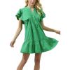 imagechouyatou Womens Summer Pleated Front Mini Shirt Dress Flutter Sleeve VNeck Flounce Short Tunic DressLight Green