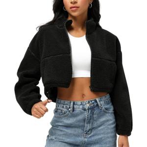 imagechouyatou Women Cute Fluffy Crop Sweatshirt Fleece Sherpa Jacket Zip Up Short Teddy Faux Fur Button CoatBlack