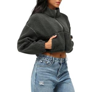 imagechouyatou Women Cute Fluffy Crop Sweatshirt Fleece Sherpa Jacket Zip Up Short Teddy Faux Fur Button CoatDark Grey