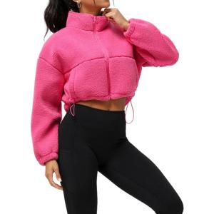 imagechouyatou Women Cute Fluffy Crop Sweatshirt Fleece Sherpa Jacket Zip Up Short Teddy Faux Fur Button CoatPink