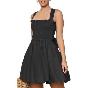 imagechouyatou Women Summer Boho Sleeveless Tie Back Square Neck Smocked Dresses Beach Short Mini SundressBlack