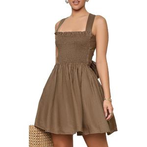 imagechouyatou Women Summer Boho Sleeveless Tie Back Square Neck Smocked Dresses Beach Short Mini SundressBrown