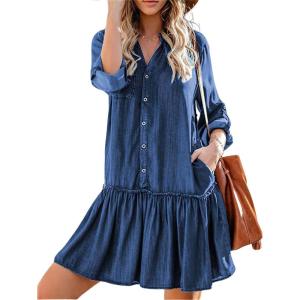 imagechouyatou Women Y2k Rolled Up Sleeve Denim Dress Distressed V Neck Mini Short Ruffle Jean Dress with PocketDark Blue