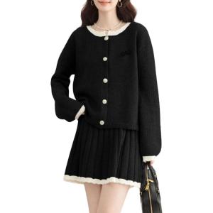 imagechouyatou Womens 2 Piece Outfits Button Down Cardigan Sweater and Elastic Waist Pleated Mini Skirt SetsBlack