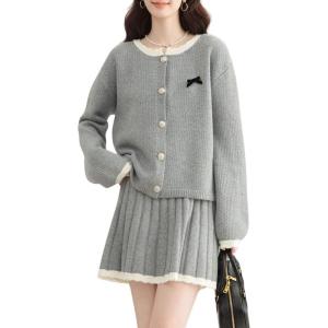 imagechouyatou Womens 2 Piece Outfits Button Down Cardigan Sweater and Elastic Waist Pleated Mini Skirt SetsGray