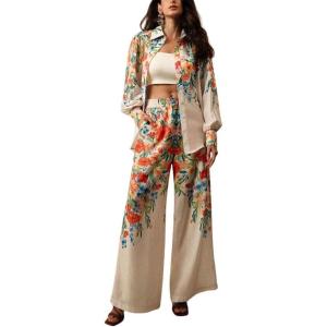 imagechouyatou Womens 2 Piece Outfits Floral Print Button Down Shirt Wide leg Pants Boho Beach Matching SetRed