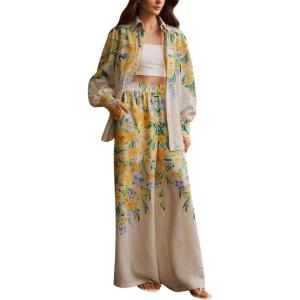 imagechouyatou Womens 2 Piece Outfits Floral Print Button Down Shirt Wide leg Pants Boho Beach Matching SetYellow