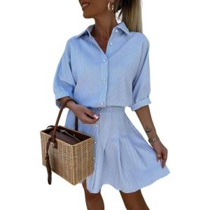 imagechouyatou Womens 2 Piece Outfits Striped Lapel Button Down Shirt Pleated Mini Skirt Matching Set Travel OutfitBlue