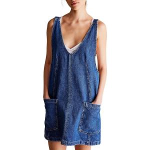 imagechouyatou Womens Backless Denim Tank Dress V Neck Overall Dress Mini Short Jumper Jean Dress with PocketsDark Blue