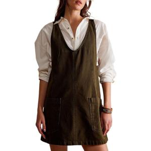 imagechouyatou Womens Backless Denim Tank Dress V Neck Overall Dress Mini Short Jumper Jean Dress with PocketsGreen