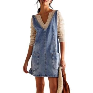 imagechouyatou Womens Backless Denim Tank Dress V Neck Overall Dress Mini Short Jumper Jean Dress with PocketsLight Blue