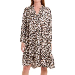 imagechouyatou Womens Boho Leopard Print Ruffle Hem Midi Dress Bell Long Sleeve Babydoll Tunic Short DressBeige White