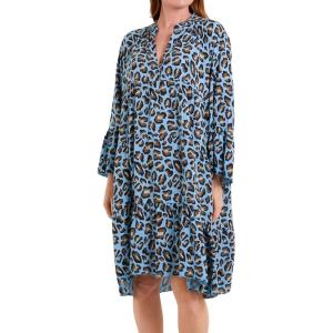 imagechouyatou Womens Boho Leopard Print Ruffle Hem Midi Dress Bell Long Sleeve Babydoll Tunic Short DressBlue