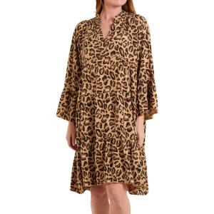 imagechouyatou Womens Boho Leopard Print Ruffle Hem Midi Dress Bell Long Sleeve Babydoll Tunic Short DressBrown