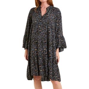 imagechouyatou Womens Boho Leopard Print Ruffle Hem Midi Dress Bell Long Sleeve Babydoll Tunic Short DressDark Gray