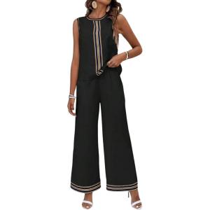 imagechouyatou Womens Casual 2 Piece Outfits Contrast Striped Tank Top Wide leg Long Palazzo Pants Work Matching SetBlack