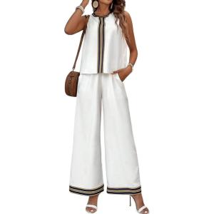 imagechouyatou Womens Casual 2 Piece Outfits Contrast Striped Tank Top Wide leg Long Palazzo Pants Work Matching SetWhite