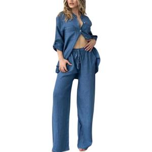 imagechouyatou Womens Cotton Linen 2 Piece Outfits Rolled Up Sleeve Button Down Shirt and Wide leg Pants SetBlue