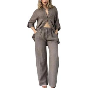 imagechouyatou Womens Cotton Linen 2 Piece Outfits Rolled Up Sleeve Button Down Shirt and Wide leg Pants SetCoffee