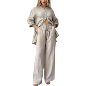 imagechouyatou Womens Cotton Linen 2 Piece Outfits Rolled Up Sleeve Button Down Shirt and Wide leg Pants SetKhaki