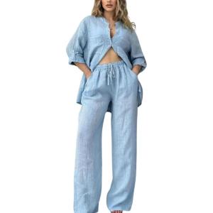 imagechouyatou Womens Cotton Linen 2 Piece Outfits Rolled Up Sleeve Button Down Shirt and Wide leg Pants SetLight Blue